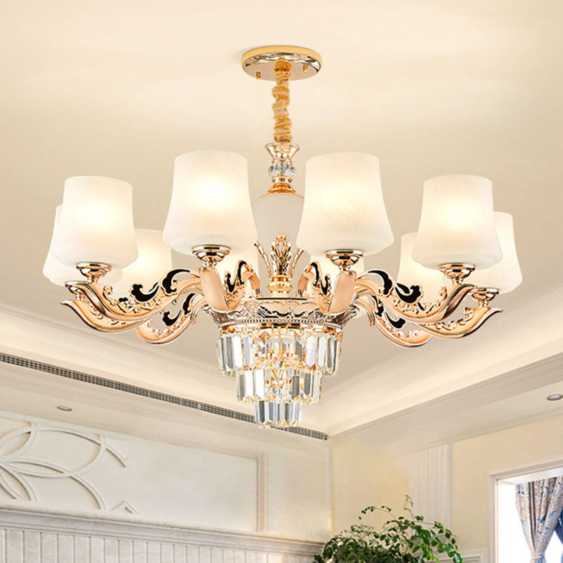 Simple Pendulum Light Gold Tapered Chandelier Lamp with White Frosted Glass Shade for Living Room 10 White Clearhalo 'Ceiling Lights' 'Chandeliers' 'Modern Chandeliers' 'Modern' Lighting' 2030653
