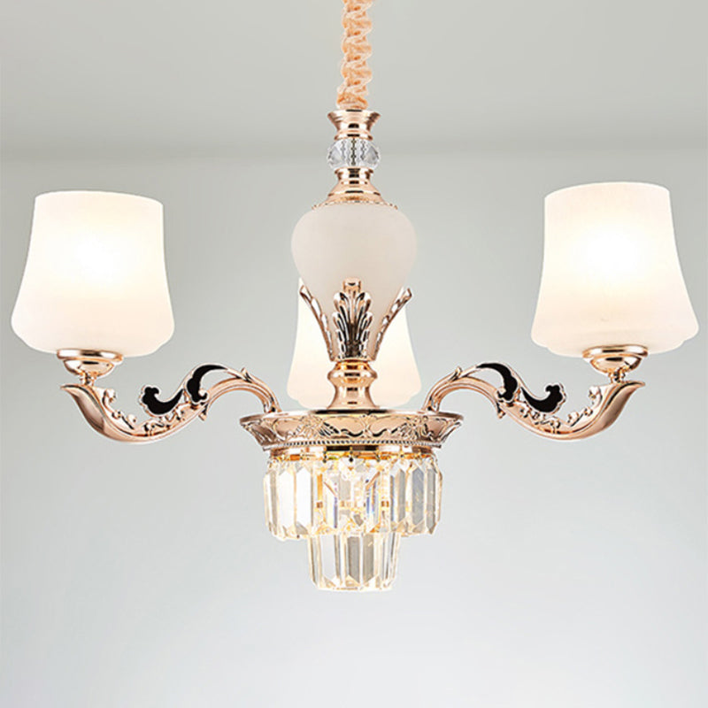 Simple Pendulum Light Gold Tapered Chandelier Lamp with White Frosted Glass Shade for Living Room 3 White Clearhalo 'Ceiling Lights' 'Chandeliers' 'Modern Chandeliers' 'Modern' Lighting' 2030657