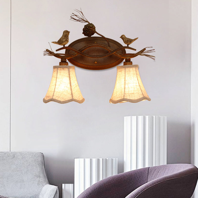 Rust Scalloped Wall Lighting Traditional Metal 2/3 Lights Bedroom Sconce Lamp with White Fabric Shade Clearhalo 'Wall Lamps & Sconces' 'Wall Lights' Lighting' 203071