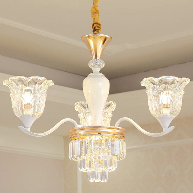 Clear Crystal Flower Ceiling Chandelier Simple White Pendant Light Kit for Dining Room 3 Clear Clearhalo 'Ceiling Lights' 'Chandeliers' 'Clear' 'Industrial' 'Modern Chandeliers' 'Modern' 'Tiffany' 'Traditional Chandeliers' Lighting' 2030721