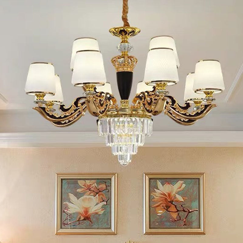 Gold Conic Chandelier Lighting Modernism Opaline Glass Pendant Light Kit with Crystal Accent 12 Gold Clearhalo 'Ceiling Lights' 'Chandeliers' 'Modern Chandeliers' 'Modern' Lighting' 2030736
