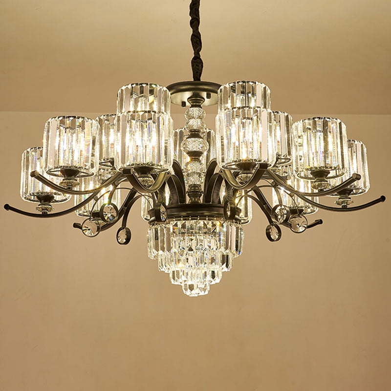 Cylinder Pendant Chandelier Modernist Clear Crystal Dining Room Hanging Ceiling Light in Black Black Clearhalo 'Ceiling Lights' 'Chandeliers' 'Modern Chandeliers' 'Modern' Lighting' 2030753