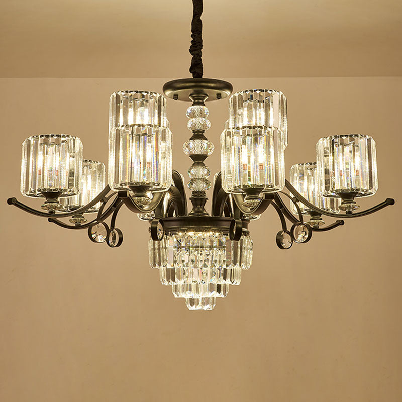 Cylinder Pendant Chandelier Modernist Clear Crystal Dining Room Hanging Ceiling Light in Black 12 Black Clearhalo 'Ceiling Lights' 'Chandeliers' 'Modern Chandeliers' 'Modern' Lighting' 2030754