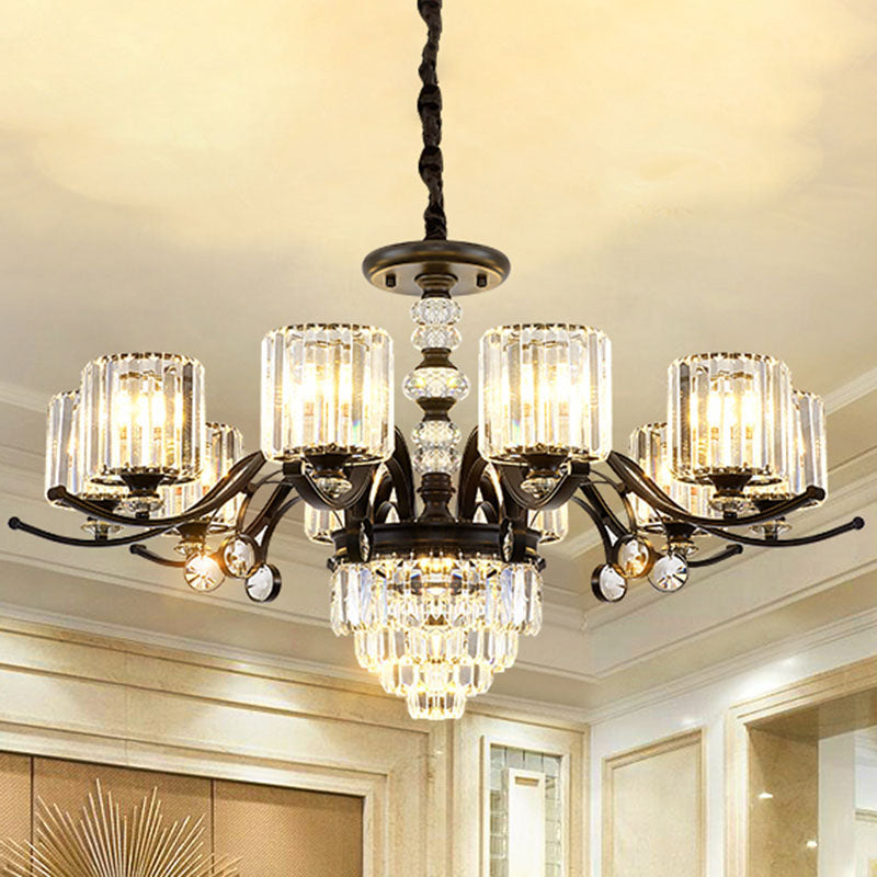 Cylinder Pendant Chandelier Modernist Clear Crystal Dining Room Hanging Ceiling Light in Black Clearhalo 'Ceiling Lights' 'Chandeliers' 'Modern Chandeliers' 'Modern' Lighting' 2030756