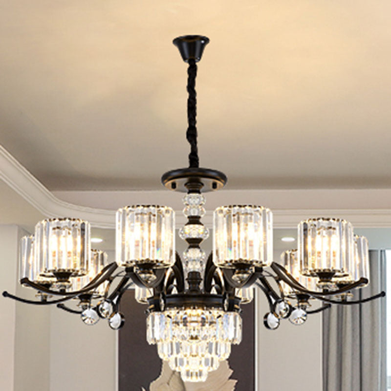 Cylinder Pendant Chandelier Modernist Clear Crystal Dining Room Hanging Ceiling Light in Black Clearhalo 'Ceiling Lights' 'Chandeliers' 'Modern Chandeliers' 'Modern' Lighting' 2030757