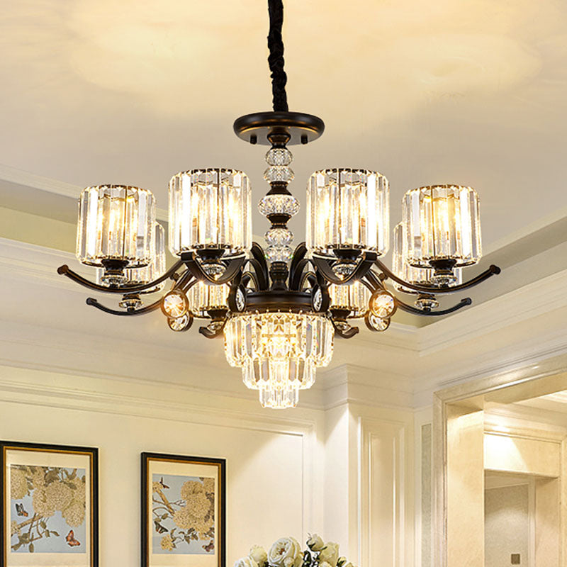 Cylinder Pendant Chandelier Modernist Clear Crystal Dining Room Hanging Ceiling Light in Black 8 Black Clearhalo 'Ceiling Lights' 'Chandeliers' 'Modern Chandeliers' 'Modern' Lighting' 2030758