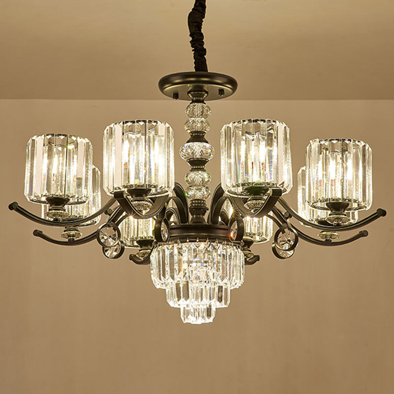 Cylinder Pendant Chandelier Modernist Clear Crystal Dining Room Hanging Ceiling Light in Black Clearhalo 'Ceiling Lights' 'Chandeliers' 'Modern Chandeliers' 'Modern' Lighting' 2030759