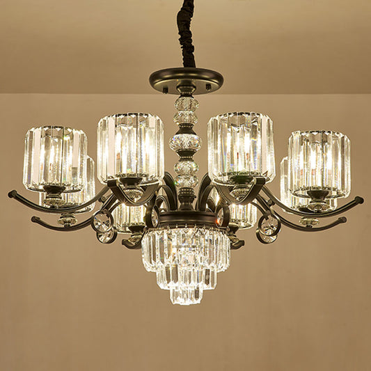 Cylinder Pendant Chandelier Modernist Clear Crystal Dining Room Hanging Ceiling Light in Black Clearhalo 'Ceiling Lights' 'Chandeliers' 'Modern Chandeliers' 'Modern' Lighting' 2030759