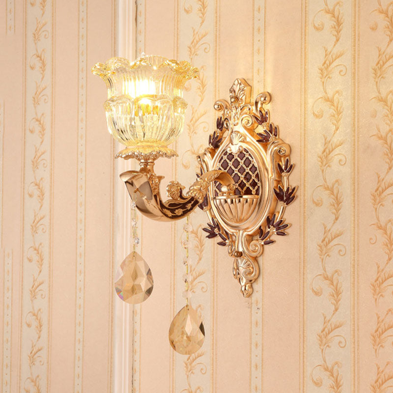 Curved Arm Metal Wall Light Fixture Modern Gold Wall Lighting Ideas with Geometry Glass Shade 1.0 Gold C Clearhalo 'Cast Iron' 'Glass' 'Industrial' 'Modern wall lights' 'Modern' 'Tiffany' 'Traditional wall lights' 'Wall Lamps & Sconces' 'Wall Lights' Lighting' 2030779