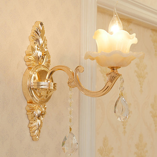 Glass Flower Wall Mount Light Modernist Gold Wall Lamp Sconce with Crystal Droplet 1.0 Gold D Clearhalo 'Cast Iron' 'Glass' 'Industrial' 'Modern wall lights' 'Modern' 'Tiffany' 'Traditional wall lights' 'Wall Lamps & Sconces' 'Wall Lights' Lighting' 2030800
