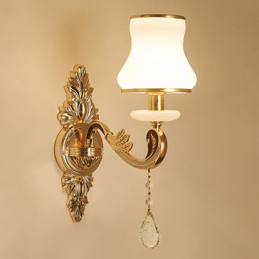 Swooping Arm Wall Sconce Modernist Living Room Wall Mount Light Fixture with Glass Shade in Gold Clearhalo 'Cast Iron' 'Glass' 'Industrial' 'Modern wall lights' 'Modern' 'Tiffany' 'Traditional wall lights' 'Wall Lamps & Sconces' 'Wall Lights' Lighting' 2030822