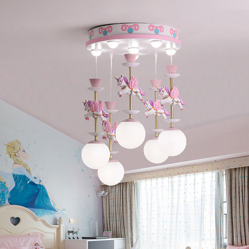 Pink Unicorn Multiple Pendant Light Fixture Kid Resin Hanging Ceiling Light for Nursery 5 Pink Clearhalo 'Ceiling Lights' 'Pendant Lights' 'Pendants' Lighting' 2030904_7e640cfa-0609-49bb-a8ae-5b1a06d47b2a