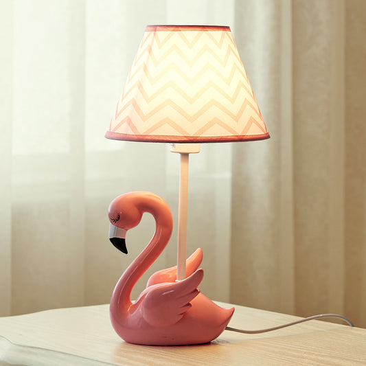 Cone Shade Bedroom Nightstand Lamp Fabric 1 Head Kid Table Lamp with Flamingo Base, Pink Clearhalo 'Lamps' 'Table Lamps' Lighting' 2030927