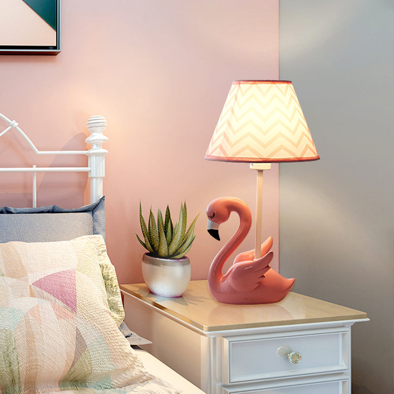 Cone Shade Bedroom Nightstand Lamp Fabric 1 Head Kid Table Lamp with Flamingo Base, Pink Clearhalo 'Lamps' 'Table Lamps' Lighting' 2030929