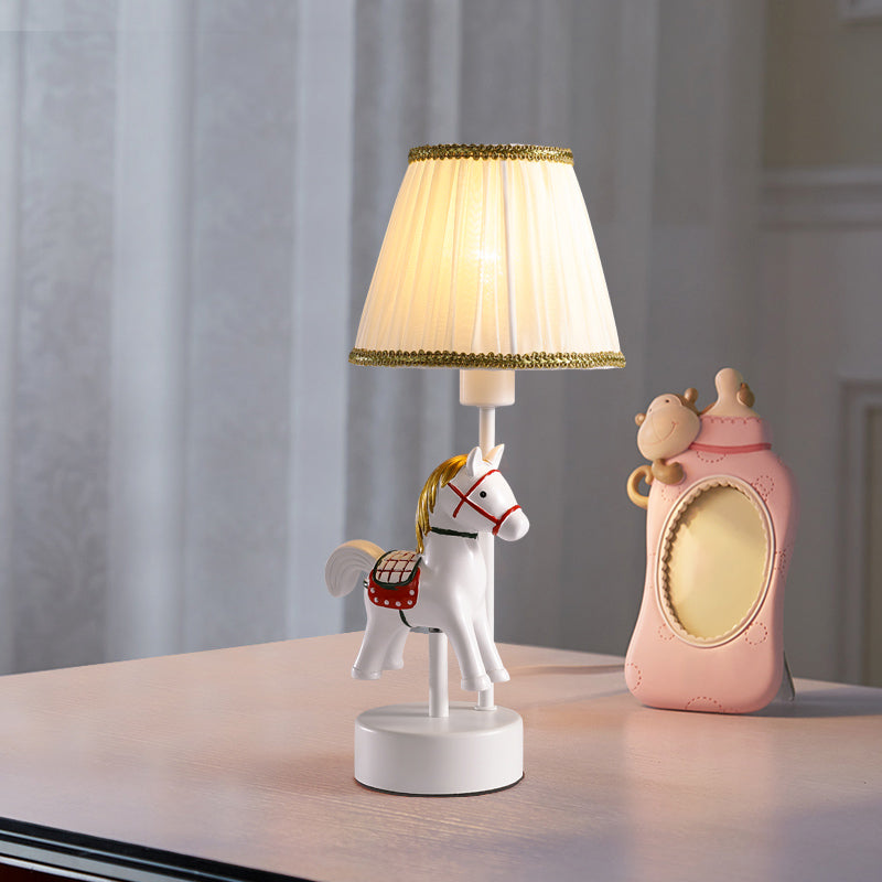 Empire Shade Table Light Cartoon Fabric Single-Bulb White Nightstand Lamp with Horse Base Clearhalo 'Lamps' 'Table Lamps' Lighting' 2030932