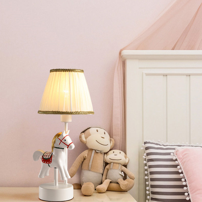 Empire Shade Table Light Cartoon Fabric Single-Bulb White Nightstand Lamp with Horse Base Clearhalo 'Lamps' 'Table Lamps' Lighting' 2030933