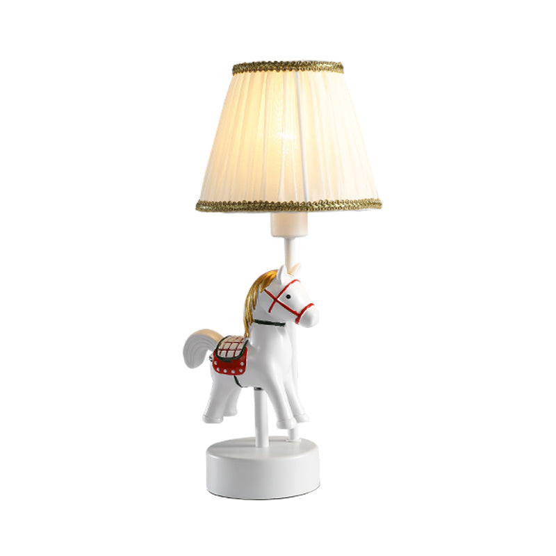 Empire Shade Table Light Cartoon Fabric Single-Bulb White Nightstand Lamp with Horse Base Clearhalo 'Lamps' 'Table Lamps' Lighting' 2030934