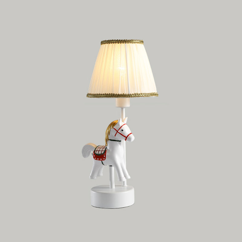 Empire Shade Table Light Cartoon Fabric Single-Bulb White Nightstand Lamp with Horse Base Clearhalo 'Lamps' 'Table Lamps' Lighting' 2030935