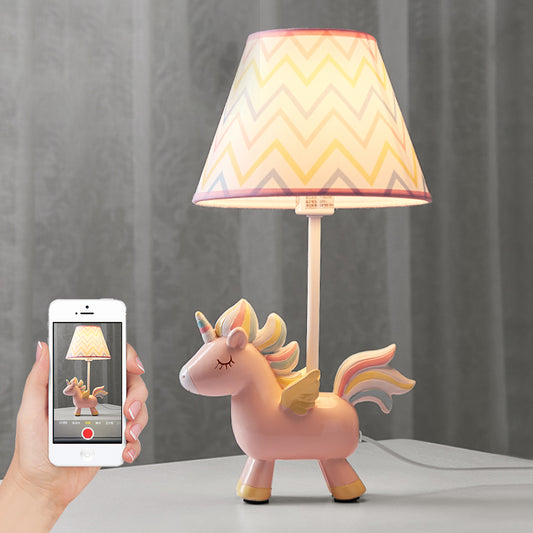 Animal Bedroom Table Lamp Resin 1 Bulb Creative Nightstand Light with Tapered Fabric Shade Pink Unicorn Clearhalo 'Lamps' 'Table Lamps' Lighting' 2030949