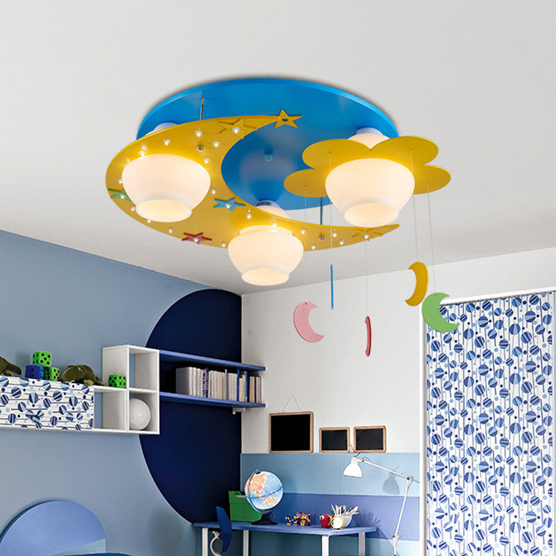 Wood Moon Flush Mount Lamp Kid 3 Bulbs Blue Flush Ceiling Light with Blown Glass Shade Clearhalo 'Ceiling Lights' 'Close To Ceiling Lights' 'Close to ceiling' 'Flush mount' Lighting' 2031017