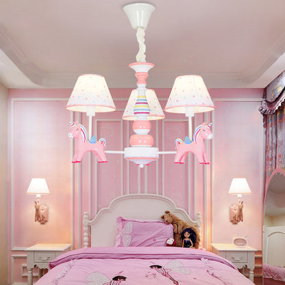Resin Rainbow Unicorn Chandelier Light Cartoon Pink Ceiling Pendant with Tapered Fabric Shade for Nursery 3 Pink Clearhalo 'Ceiling Lights' 'Chandeliers' Lighting' options 2031113_111e5c1f-5b4d-4131-b4c2-86c9187bf692