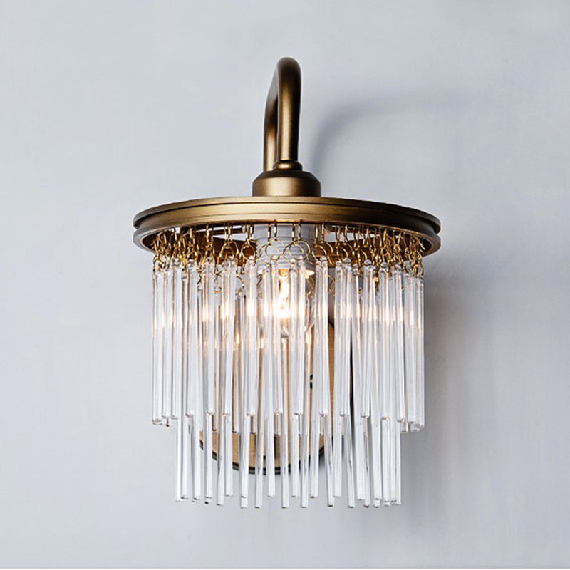 Drum Living Room Wall Light Vintage Crystal Bead/Stick 1/2 Lights Antique Brass Sconce Light Clearhalo 'Wall Lamps & Sconces' 'Wall Lights' Lighting' 203173