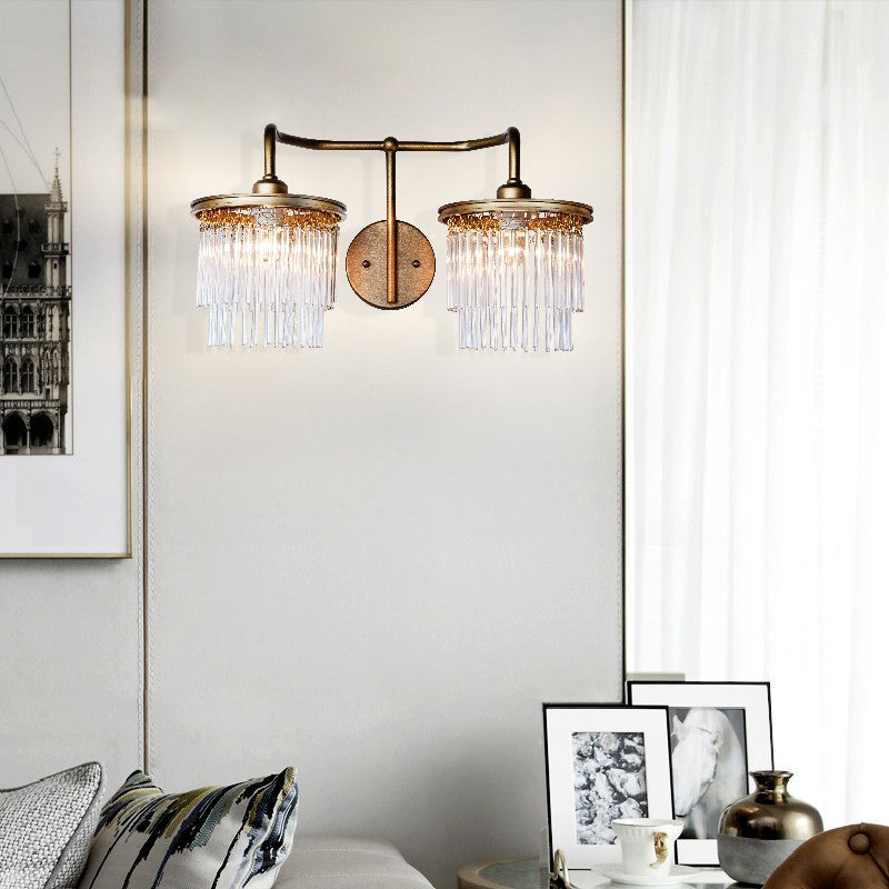 Drum Living Room Wall Light Vintage Crystal Bead/Stick 1/2 Lights Antique Brass Sconce Light Clearhalo 'Wall Lamps & Sconces' 'Wall Lights' Lighting' 203176