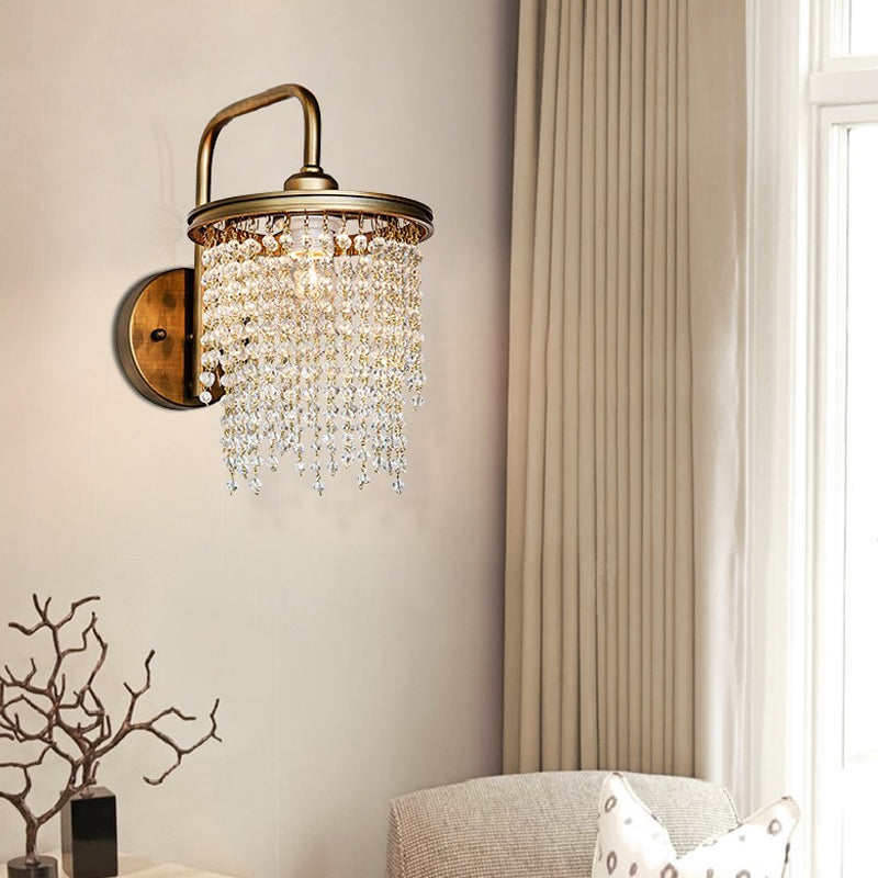 Drum Living Room Wall Light Vintage Crystal Bead/Stick 1/2 Lights Antique Brass Sconce Light 1.0 Antique Brass Bead Clearhalo 'Wall Lamps & Sconces' 'Wall Lights' Lighting' 203179