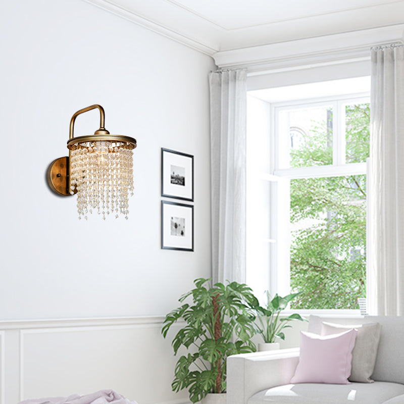 Drum Living Room Wall Light Vintage Crystal Bead/Stick 1/2 Lights Antique Brass Sconce Light Clearhalo 'Wall Lamps & Sconces' 'Wall Lights' Lighting' 203180