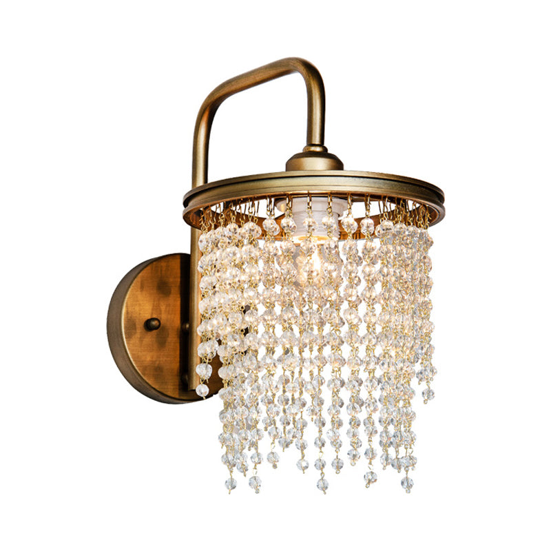 Drum Living Room Wall Light Vintage Crystal Bead/Stick 1/2 Lights Antique Brass Sconce Light Clearhalo 'Wall Lamps & Sconces' 'Wall Lights' Lighting' 203181