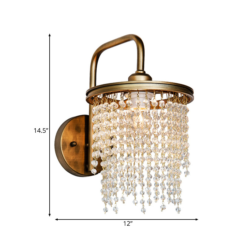 Drum Living Room Wall Light Vintage Crystal Bead/Stick 1/2 Lights Antique Brass Sconce Light Clearhalo 'Wall Lamps & Sconces' 'Wall Lights' Lighting' 203182