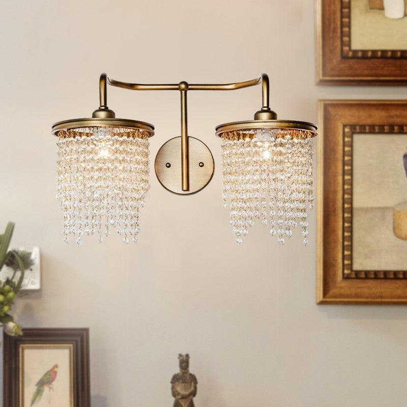 Drum Living Room Wall Light Vintage Crystal Bead/Stick 1/2 Lights Antique Brass Sconce Light 2.0 Antique Brass Bead Clearhalo 'Wall Lamps & Sconces' 'Wall Lights' Lighting' 203183