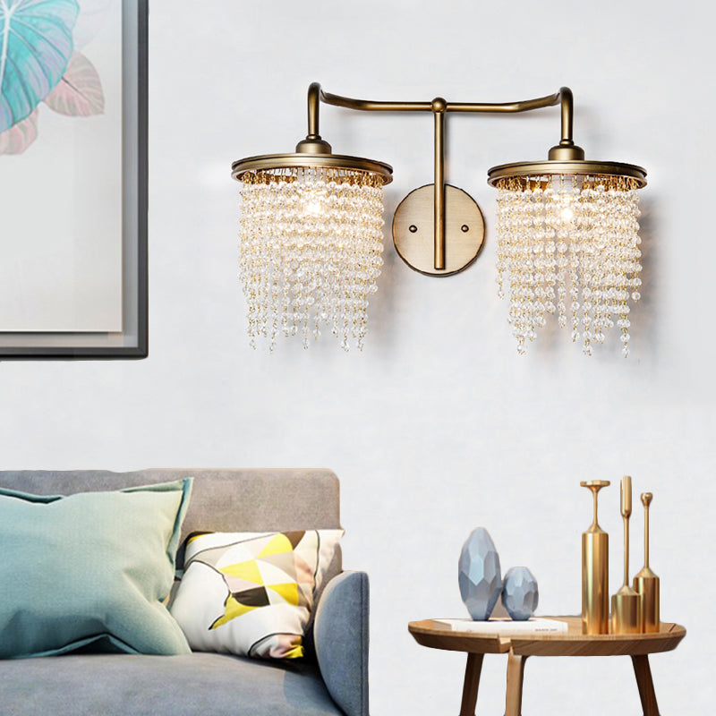 Drum Living Room Wall Light Vintage Crystal Bead/Stick 1/2 Lights Antique Brass Sconce Light Clearhalo 'Wall Lamps & Sconces' 'Wall Lights' Lighting' 203184