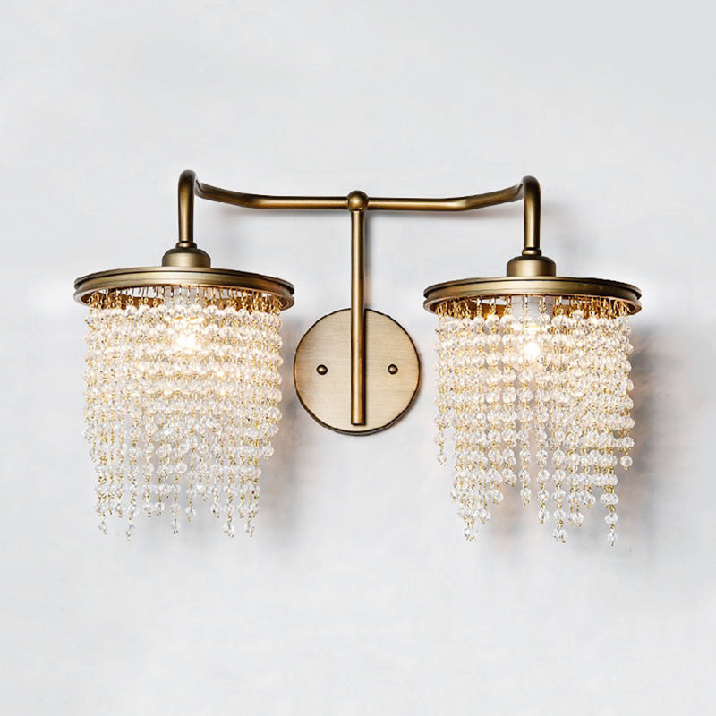 Drum Living Room Wall Light Vintage Crystal Bead/Stick 1/2 Lights Antique Brass Sconce Light Clearhalo 'Wall Lamps & Sconces' 'Wall Lights' Lighting' 203185