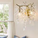 Gold Candle Sconce Light Vintage Metal 2 Lights Living Room Wall Mounted Light with Leaf Crystal Strand Clearhalo 'Wall Lamps & Sconces' 'Wall Lights' Lighting' 203188