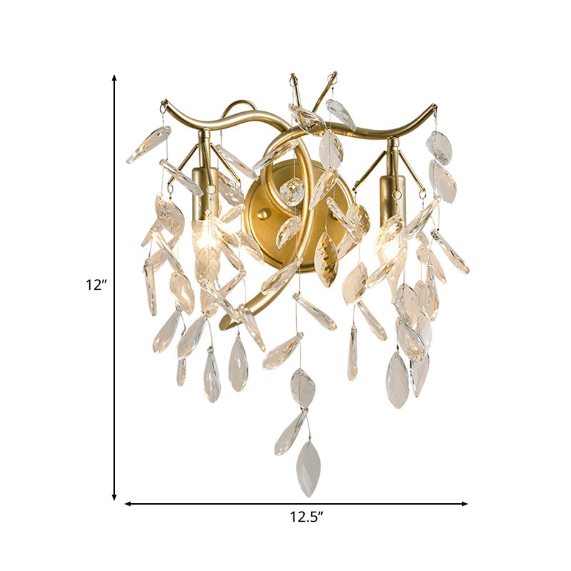 Gold Candle Sconce Light Vintage Metal 2 Lights Living Room Wall Mounted Light with Leaf Crystal Strand Clearhalo 'Wall Lamps & Sconces' 'Wall Lights' Lighting' 203190