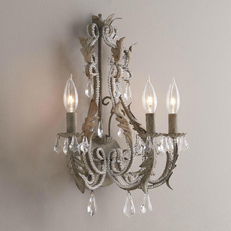 Rustic Curved Arm Wall Mount Light 3 Lights Grey/White/Distressed White Metal Sconce Light with Crystal Accent Grey Clearhalo 'Wall Lamps & Sconces' 'Wall Lights' Lighting' 203195