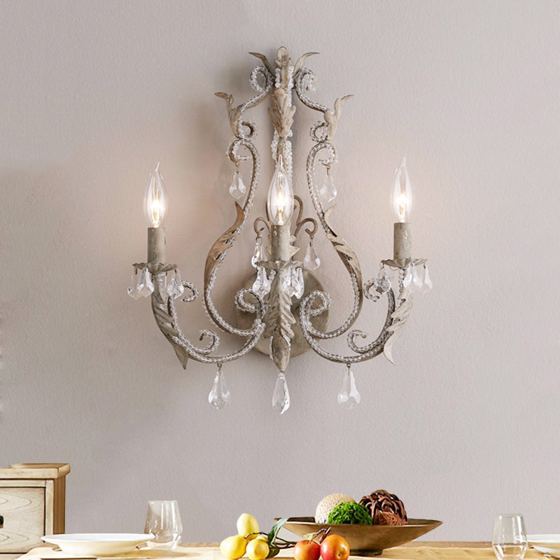 Rustic Curved Arm Wall Mount Light 3 Lights Grey/White/Distressed White Metal Sconce Light with Crystal Accent Clearhalo 'Wall Lamps & Sconces' 'Wall Lights' Lighting' 203196