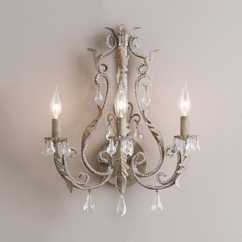 Rustic Curved Arm Wall Mount Light 3 Lights Grey/White/Distressed White Metal Sconce Light with Crystal Accent Clearhalo 'Wall Lamps & Sconces' 'Wall Lights' Lighting' 203197