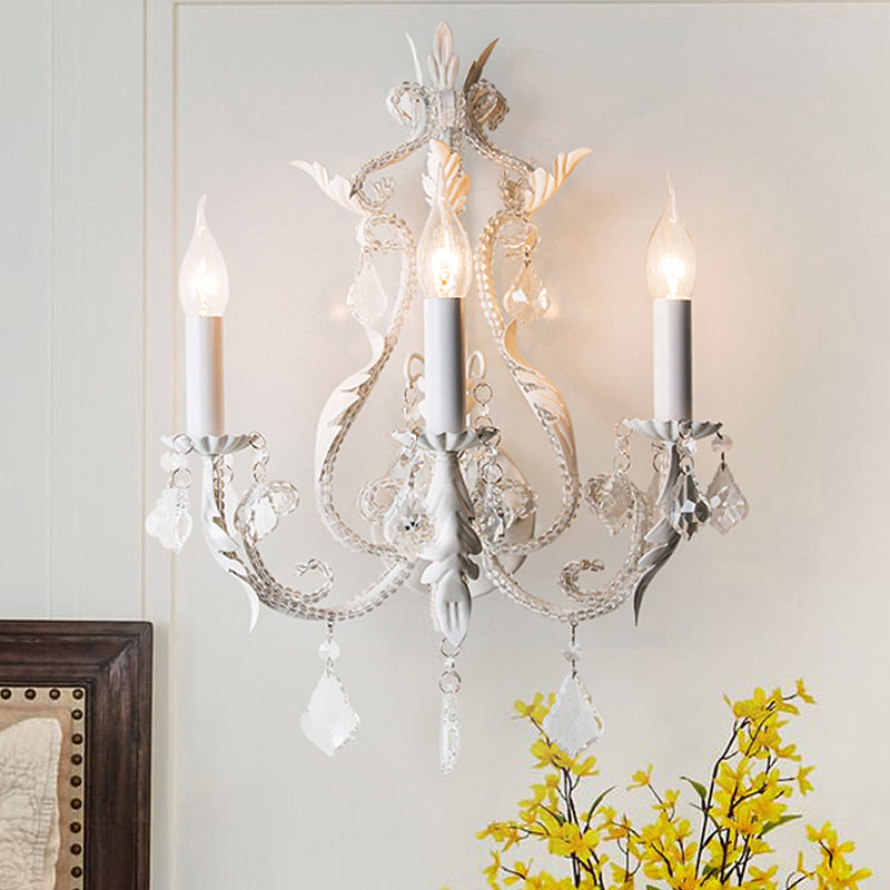 Rustic Curved Arm Wall Mount Light 3 Lights Grey/White/Distressed White Metal Sconce Light with Crystal Accent White Clearhalo 'Wall Lamps & Sconces' 'Wall Lights' Lighting' 203198
