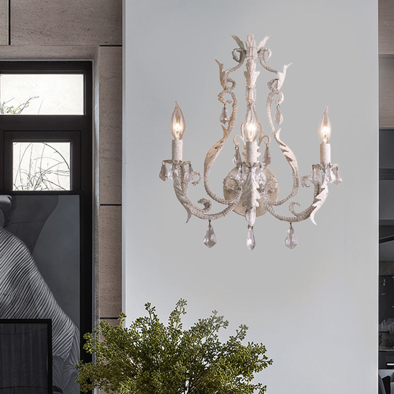 Rustic Curved Arm Wall Mount Light 3 Lights Grey/White/Distressed White Metal Sconce Light with Crystal Accent Clearhalo 'Wall Lamps & Sconces' 'Wall Lights' Lighting' 203202
