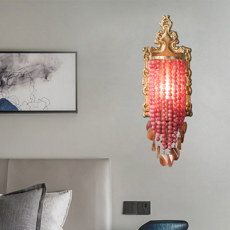 Pink Beaded Wall Mounted Light Vintage Crystal Strand 1 Light Bedside Wall Sconce Light Clearhalo 'Wall Lamps & Sconces' 'Wall Lights' Lighting' 203217
