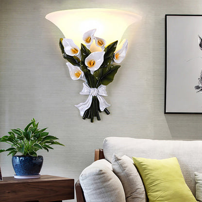 Flared White Glass Sconce Lamp Rustic 1 Light Living Room Wall Mounted Light with Green Bouquet Green Clearhalo 'Wall Lamps & Sconces' 'Wall Lights' Lighting' 203220