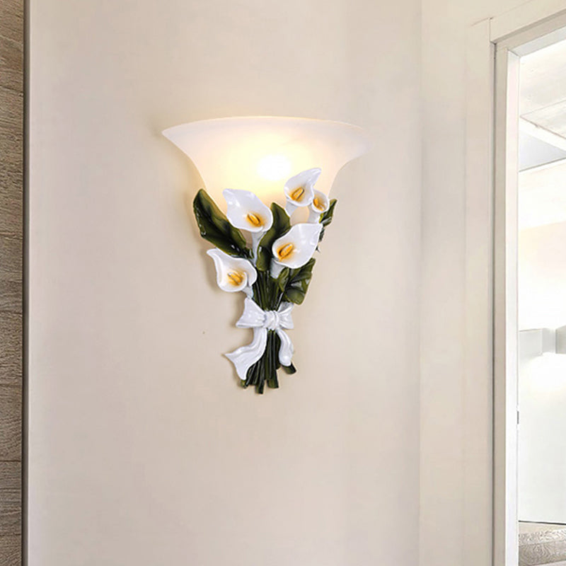Flared White Glass Sconce Lamp Rustic 1 Light Living Room Wall Mounted Light with Green Bouquet Clearhalo 'Wall Lamps & Sconces' 'Wall Lights' Lighting' 203221