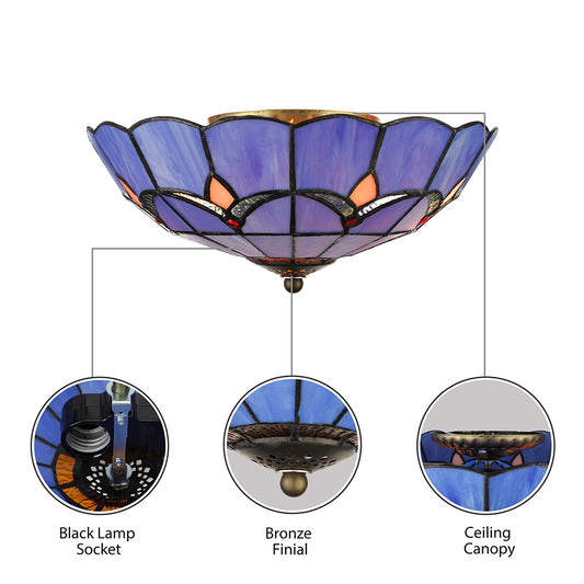 10"/12"/16"/19.5" W Bedroom Ceiling Lights Tiffany Dome Flush Mount Light Fixture in Blue with Jewel Decoration Clearhalo 'Ceiling Lights' 'Close To Ceiling Lights' 'Close to ceiling' 'Glass shade' 'Glass' 'Semi-flushmount' 'Tiffany close to ceiling' 'Tiffany' Lighting' 20324