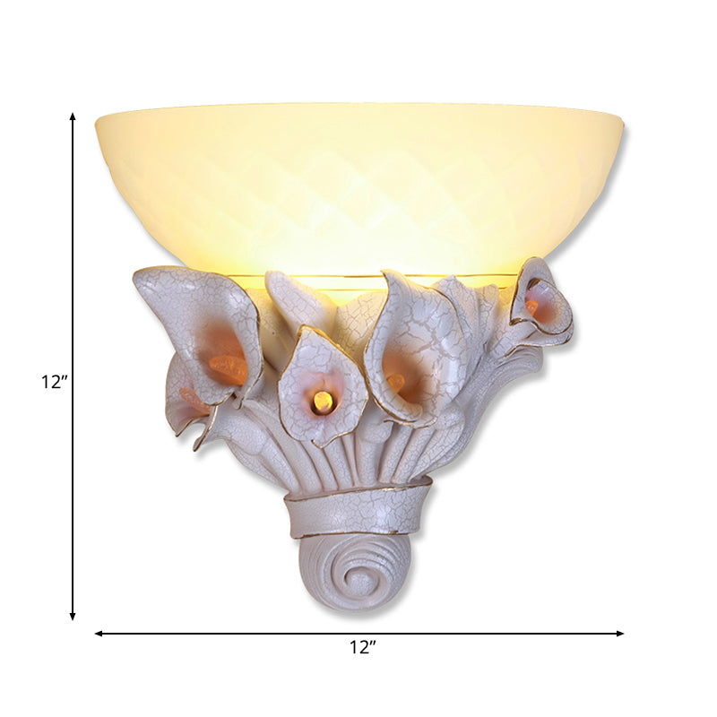 Bowl White Glass Wall Light Fixture Vintage 1 Light Bedside Sconce Light with Yellow/White Flower Design Clearhalo 'Wall Lamps & Sconces' 'Wall Lights' Lighting' 203283