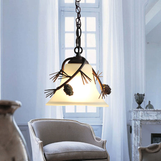 Milk Glass Bell Pendant Light Rustic 1 Light Hanging Light in Bronze with Pine Decoration Clearhalo 'Ceiling Lights' 'Chandeliers' 'Glass shade' 'Glass' 'Pendant Lights' 'Pendants' Lighting' 203293