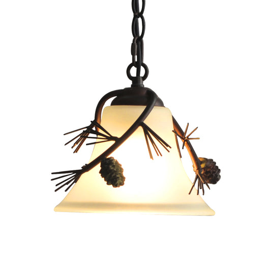 Milk Glass Bell Pendant Light Rustic 1 Light Hanging Light in Bronze with Pine Decoration Clearhalo 'Ceiling Lights' 'Chandeliers' 'Glass shade' 'Glass' 'Pendant Lights' 'Pendants' Lighting' 203294