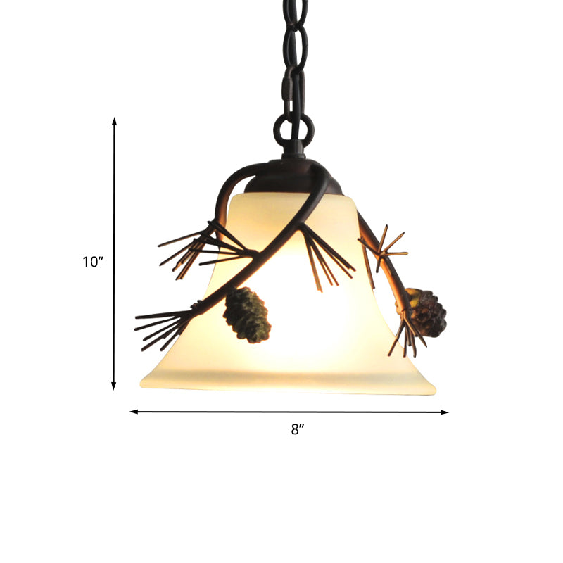 Milk Glass Bell Pendant Light Rustic 1 Light Hanging Light in Bronze with Pine Decoration Clearhalo 'Ceiling Lights' 'Chandeliers' 'Glass shade' 'Glass' 'Pendant Lights' 'Pendants' Lighting' 203295