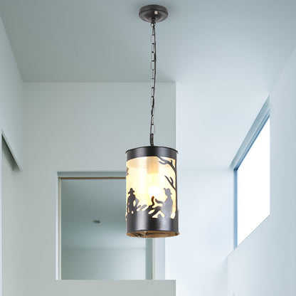 1/3 Lights Cylinder Pendant Fixture Country Metal Ceiling Light in Black/Antique Brass with Round/Linear Canopy 1 Black Round Clearhalo 'Ceiling Lights' 'Pendant Lights' 'Pendants' Lighting' 203319_cbd24809-4ebd-4981-8622-81fff055319d